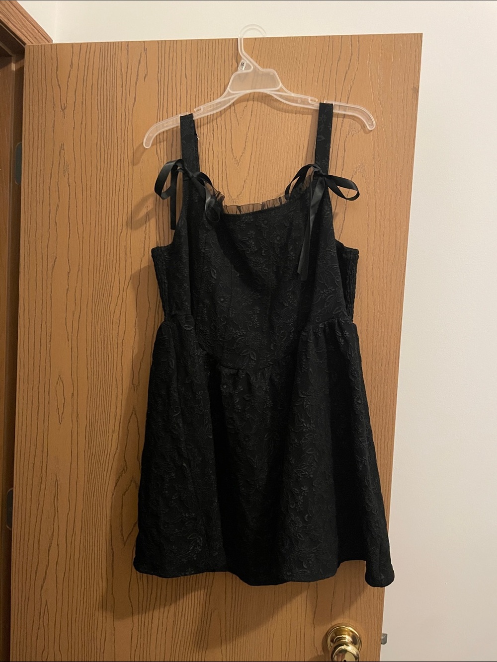 Black Lace-Texture Dress with Tie accent ribbons